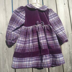 Vintage 80s Girls Dress Purple Plaid Velour 90s Prairie Pioneer Long Sleeves